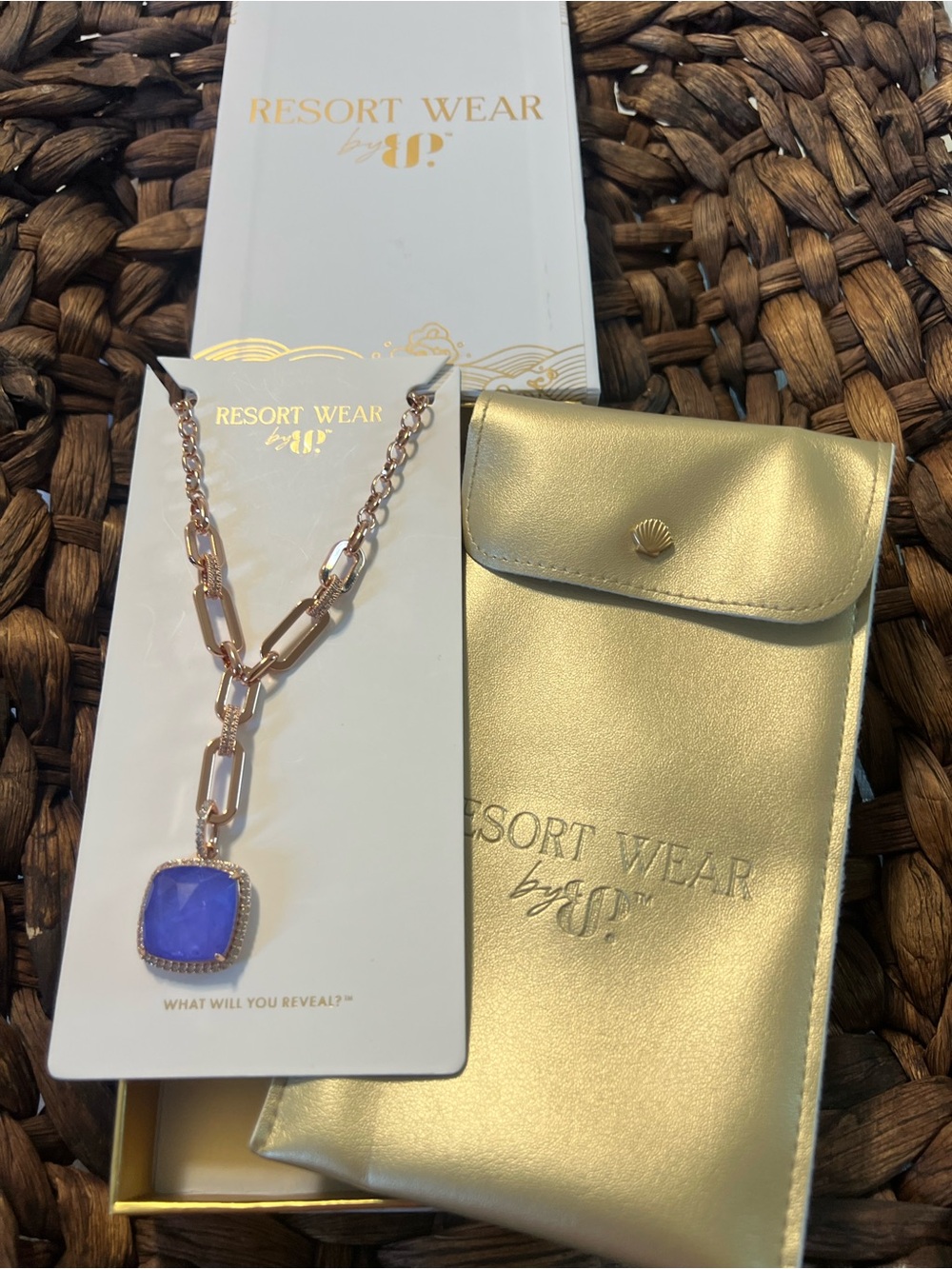 Resort Wear Rose Gold Necklace with Purple Cushion Pendant. The Emery Gray Nec